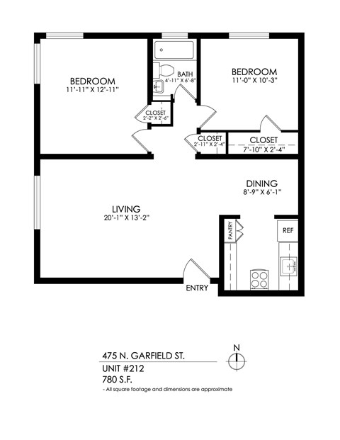 A black and white image of a floor plan for a unit at 475 N. Garfield St.